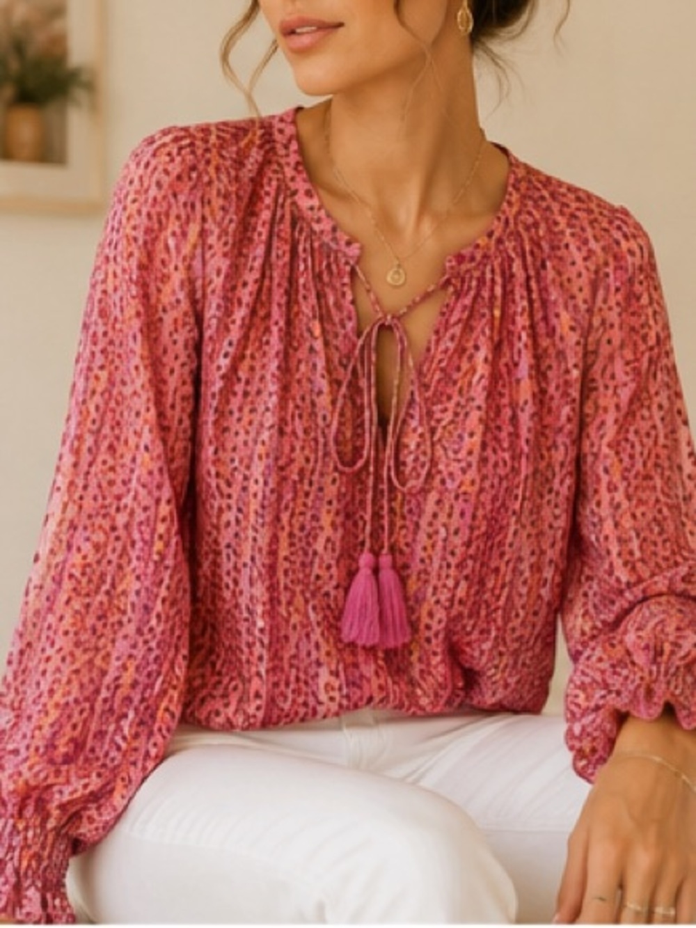 Derek Lam 10 Crosby pink floral sheer silky peasant blouse metallic Size 4